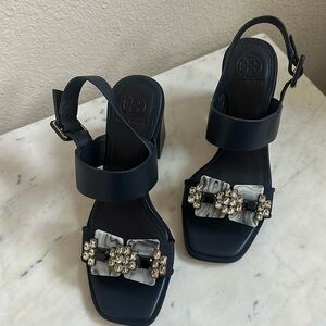 Tory Burch Delaney Embellished Leather Block
Heel Sandals (size 7)